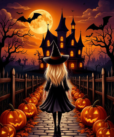 Fantasy Halloween Scene with a Witch, Glowing Jack-o-lanterns, and a Haunted Mansion Seasonal Decorの写真素材