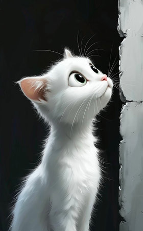 Cute White Cat Looking Up with Curious Expressionの写真素材