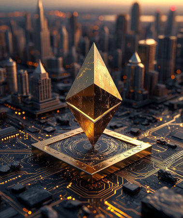Golden Ethereum cryptocurrency symbol on circuit board with futuristic city background blockchain...