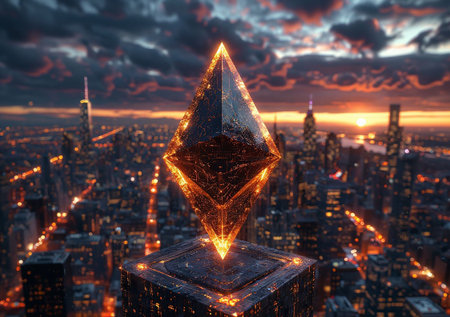 Golden Ethereum cryptocurrency symbol on circuit board with futuristic city background blockchain and digital finance conceptの写真素材