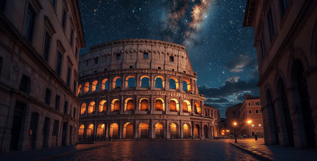 Colosseum in Rome under starry night sky with Milky Way historic landmark and travel backgroundの写真素材