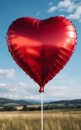 Giant Red Heart-Shaped Balloon Floating Over a Scenic Mountain Valley at Sunset, Symbol of Love and Freedom in Natureの写真素材