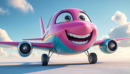 Cute Cartoon Pink Airplane with Big Smile Flying in Blue Skyの写真素材