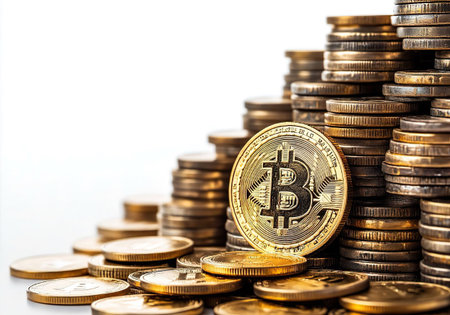 Golden Bitcoin coin in front of stacks of gold and silver coins on white background.