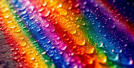 Close-up of a vibrant rainbow surface with glistening water droplets on a dark background.