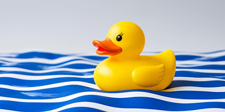 Cute yellow rubber duck on a blue and white striped background.