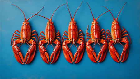 Five bright red cooked lobsters arranged in a row on a vibrant blue background.の写真素材