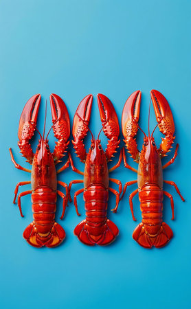 Glossy red lobsters lined up against a rich blue backdrop.の写真素材