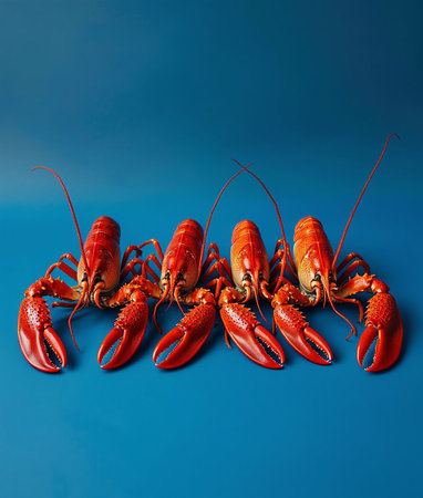Four vibrant red cooked lobsters arranged in a row on a deep blue background.の写真素材