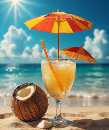Tropical cocktail with ice and straw in a glass, garnished with two colorful umbrellas, next to a fresh coconut on sandy beach.の写真素材