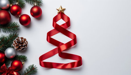 Minimalist flat lay of a ribbon Christmas tree with pine branches and ornaments. Ideal for New Year,の写真素材