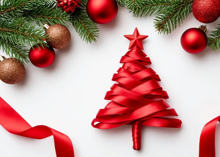 Creative Christmas tree made from red satin ribbon with gold star, surrounded by pine branches on white background.の写真素材