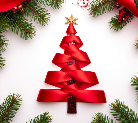 Creative Christmas tree made from red satin ribbon with gold star, surrounded by pine branches on white background.