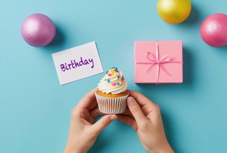 Hands holding a birthday cupcake with sprinkles next to a Birthday card and pink gift box on a blue background.の写真素材