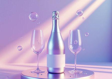 Luxury Champagne Bottle Mockup with Empty Flutes on Reflective Pedestal.の写真素材