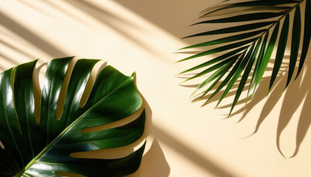 Minimalist Tropical Composition: Monstera Leaf and Palm Frond Casting Shadows.の写真素材