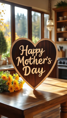 Happy Mothers Day Wooden Heart Sign on Rustic Kitchen Table with Yellow Flowers and Warm Sunlight.の写真素材