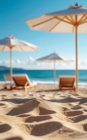 Summer Paradise: Empty Beach Chairs and Umbrellas on White Sand.の写真素材
