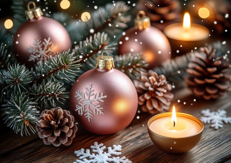 Merry Christmas Greeting Video with Pink and Gold Ornaments on Snowy Background.の写真素材