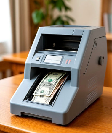 Cash Counting Machine in Office Environment. Professional Bill Counter with USD Notes.