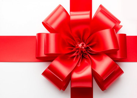 Red Satin Ribbon Bow with Organza Accents on White Background. Elegant Gift Decoration for Holidays, Weddings and Promotions.の写真素材