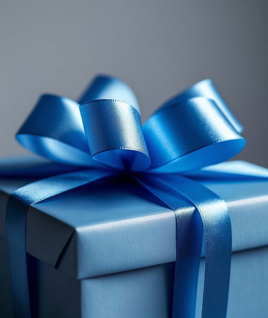 Blue Gift Box with Satin Ribbon Bow on Gray Background. Elegant Present Packaging for Holidays, Birthdays and Corporate Events.の写真素材