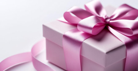 Pink Gift Box with Satin Ribbon Bow on White Background. Elegant Present for Birthday, Valentines Day or Special Occasion.の写真素材