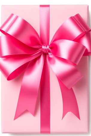 Vibrant Pink Gift Box with Satin Ribbon Bow on White Background. Elegant Present for Birthdayの写真素材