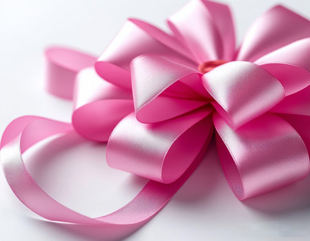 Bright Pink Satin Ribbon Bow on White Background. Decorative Element for Gifts, Cards and Festive Designs.の写真素材