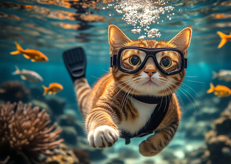 Adorable Tabby Cat Scuba Diving Among Fish.の写真素材