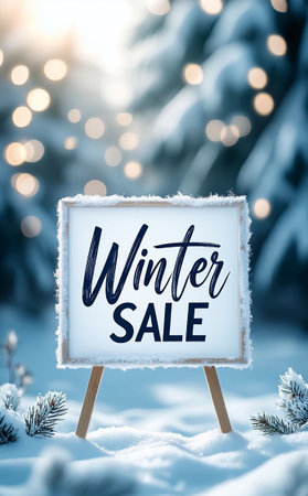 Winter Sale Sign in Snowy Forest with Frost and Glowing Bokeh. Festive Blue Background with Elegant Text.の写真素材