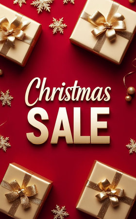 Festive Christmas Discount Poster with Golden Presents and Sparkling Decorations.の写真素材