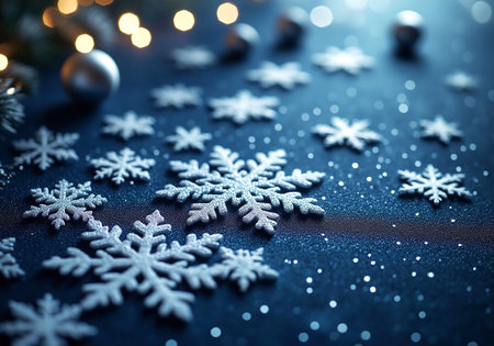 Luxury Christmas Pattern with Sparkling Snowflakes on Dark Blue Background.の写真素材