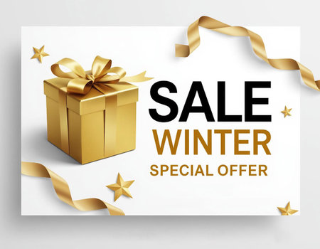 Winter Sale Banner with Gold Gift Box and Ribbon.の写真素材