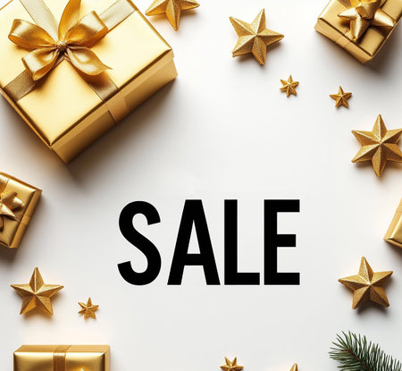Festive Winter Discount Poster with Golden Present and Sparkling Stars.の写真素材