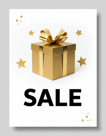 Minimalist Sale Banner with Gold Gift Box and Stars.の写真素材