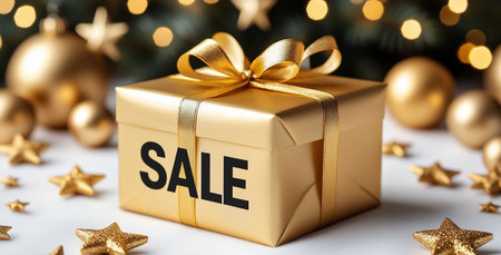 Festive Christmas Sale with Gold Gift Box and Bokeh Lights.の写真素材