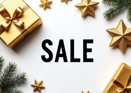 Festive Christmas Sale with Gold Gift Box and Bokeh Lights.の写真素材