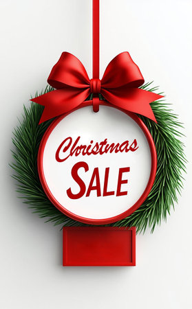 Minimalist Christmas Big Sale Tag with Red Bow and Pine Branches on White Background