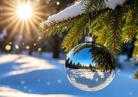 Magical Winter Christmas Scene with Reflective Silver Ornament, Sun Raysの写真素材