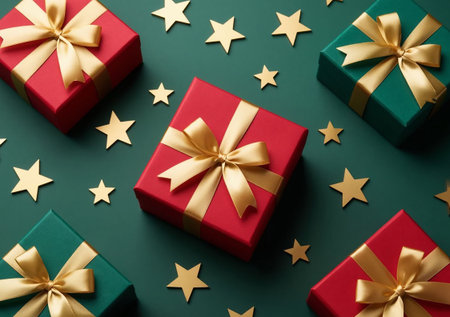 Festive Gift Boxes with Red and Green Wrapping and Gold Ribbons. Scattered Golden Stars on Dark Green Background.の写真素材