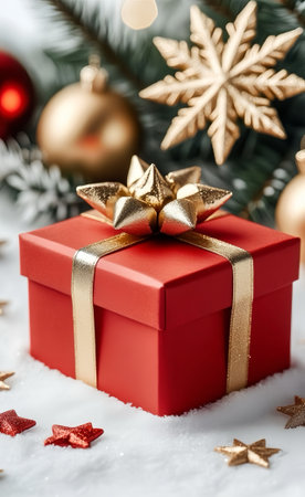 Festive Flat Lay with Gift Boxes and Winter Decor. Great for E-commerce and Digital Advertising.の写真素材