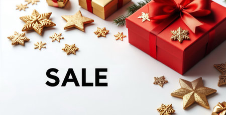 Elegant Christmas Gift Boxes with Red and Gold Decorations. Snowy Pine Branches and Golden Snowflakes on White Background.の写真素材