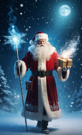 Magical Santa Claus Opening Gift Box with Sparkling Light.の写真素材