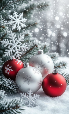 Elegant Winter Christmas Background with Red and White Ornaments and Snowflakes.の写真素材