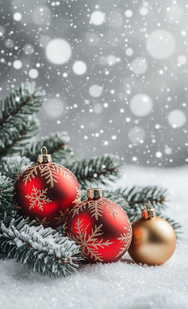 Elegant Winter Christmas Background with Red and White Ornaments and Snowflakes.の写真素材