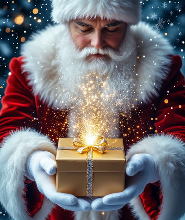 Magical Santa Claus Opening Gift Box with Sparkling Light.