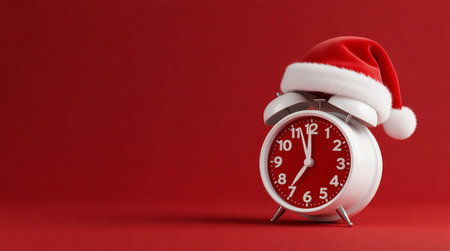White Alarm Clock with Santa Hat on Red Background, Perfect for New Year Countdown and Holiday Salesの写真素材