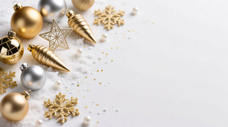 Luxury Golden Christmas Ornament with Red Bow and Candles on Snowy Backgroundの写真素材