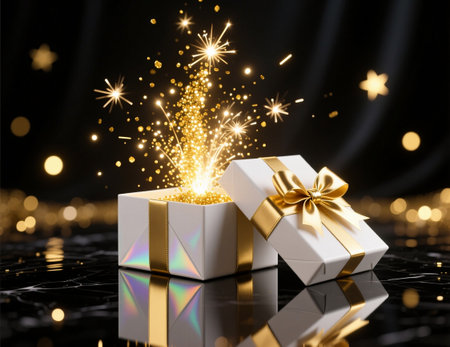 Magical Gift Box with Exploding Golden Glitter on Bokeh Background